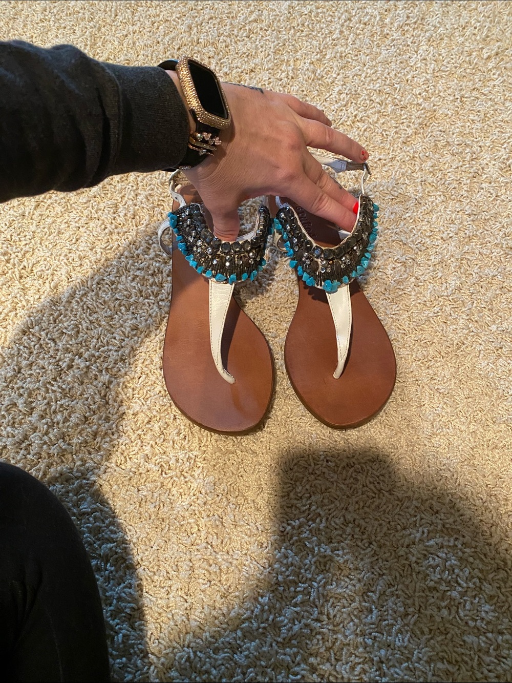Not Rated Beaded T-Strap Sandals in White and Turquoise